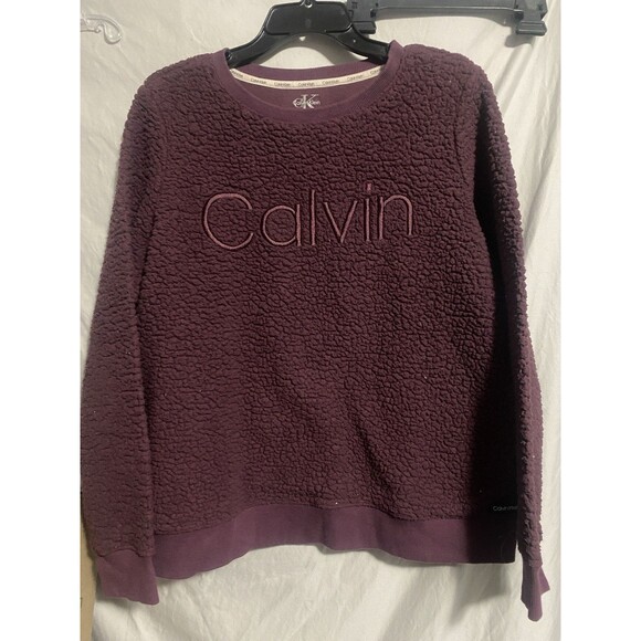 Calvin Klein Sherpa Crewneck M Women Long Sleeve Sweatshirt Sweater Burgundy - Picture 1 of 3